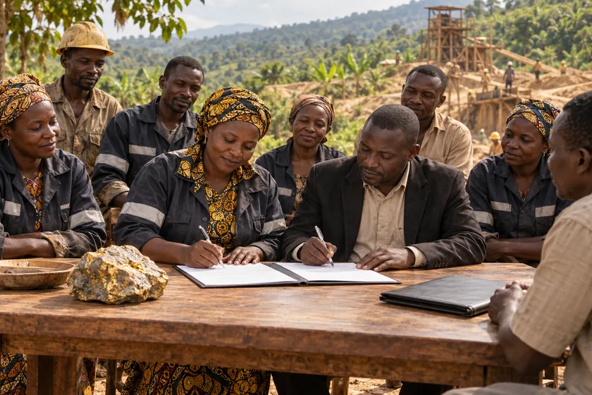 Responsables de coopérative et représentant public examinant un accord de formalisation.